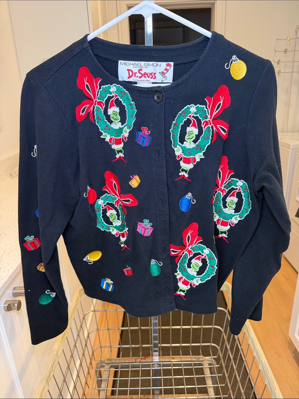 Michael Simon Dr. Seuss Navy Holiday Wreath Cardigan with Red & Green Accents